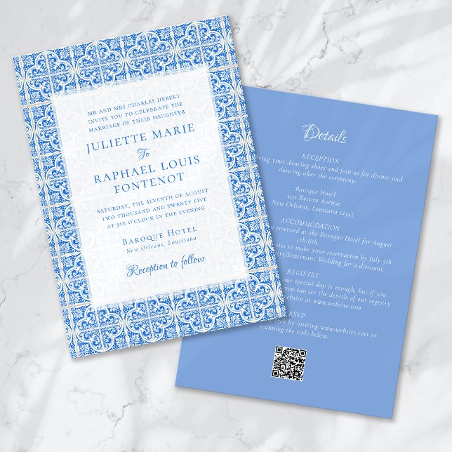 Blue Mediterranean Tile All in One Wedding Invitation (Creator Uploaded)