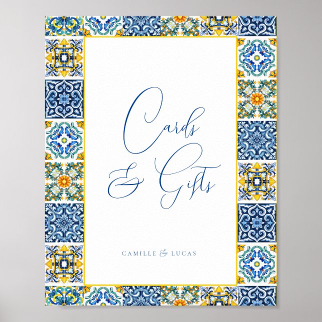 Blue Mediterranean Tile and Citrus Cards & gifts Poster (Front)