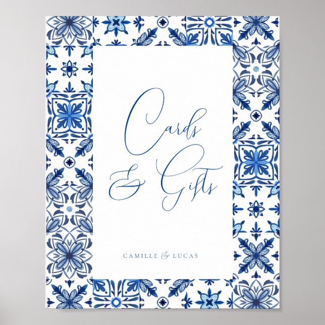 Blue Mediterranean Tile and Citrus Cards & gifts Poster (Front)