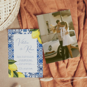 Blue Mediterranean Tile and citrus photo wedding  Invitation