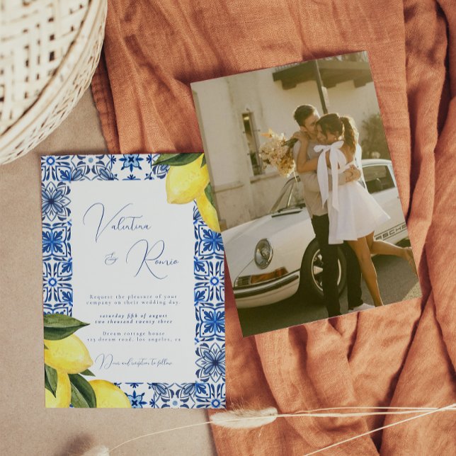 Blue Mediterranean Tile and citrus photo wedding  Invitation (Creator Uploaded)