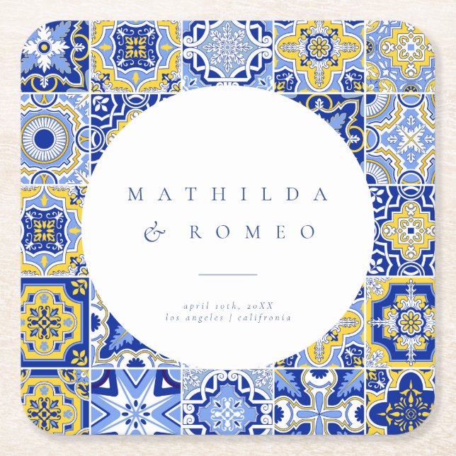Blue Mediterranean Tile and Citrus  Square Paper Coaster (Front)