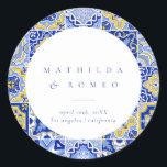 Blue Mediterranean Tile and Citrus Wedding  Classic Round Sticker<br><div class="desc">Introducing our "Blue Mediterranean Tile and Citrus Wedding Stickers" – a delightful way to add a touch of coastal elegance and vibrant citrus charm to your wedding favours, decorations, and stationery. These elegant stickers feature intricate blue tile patterns inspired by the captivating beauty of the Mediterranean coast. Infused with the...</div>