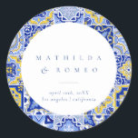 Blue Mediterranean Tile and Citrus Wedding  Classic Round Sticker<br><div class="desc">Introducing our "Blue Mediterranean Tile and Citrus Wedding Stickers" – a delightful way to add a touch of coastal elegance and vibrant citrus charm to your wedding favours, decorations, and stationery. These elegant stickers feature intricate blue tile patterns inspired by the captivating beauty of the Mediterranean coast. Infused with the...</div>