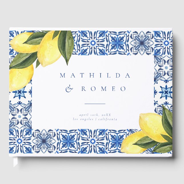 Blue Mediterranean Tile and Citrus wedding  Guest Book (Front)