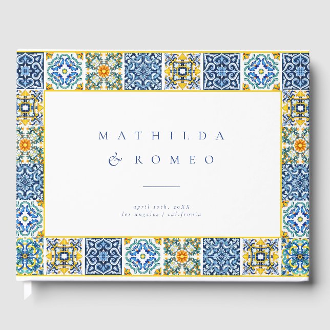 Blue Mediterranean Tile and Citrus wedding  Guest Book (Front)