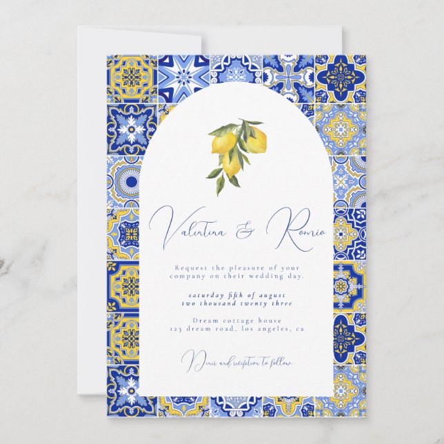 Blue Mediterranean Tile and citrus wedding  Invita Invitation (Front)
