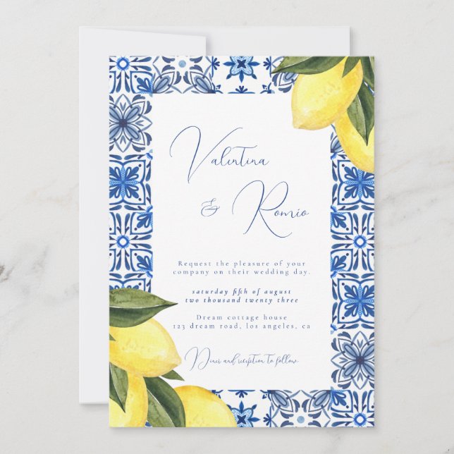 Blue Mediterranean Tile and citrus wedding  Invitation (Front)