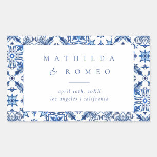 Blue Mediterranean Tile and Citrus Wedding  Rectangular Sticker