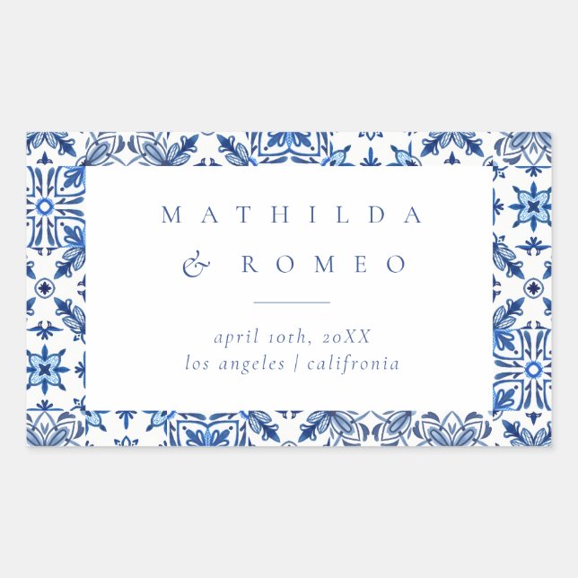 Blue Mediterranean Tile and Citrus Wedding  Rectangular Sticker (Front)