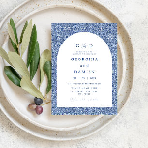 Blue Mediterranean Tile & Arch Elegant Wedding Invitation