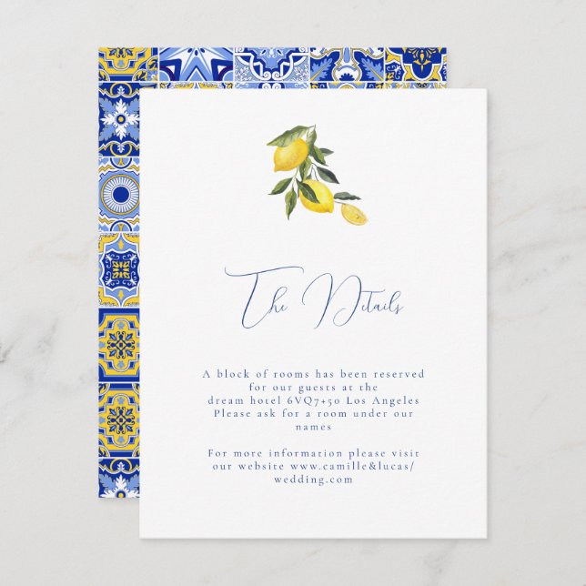 Blue mediterranean tile & citrus Wedding details  Enclosure Card (Front/Back)