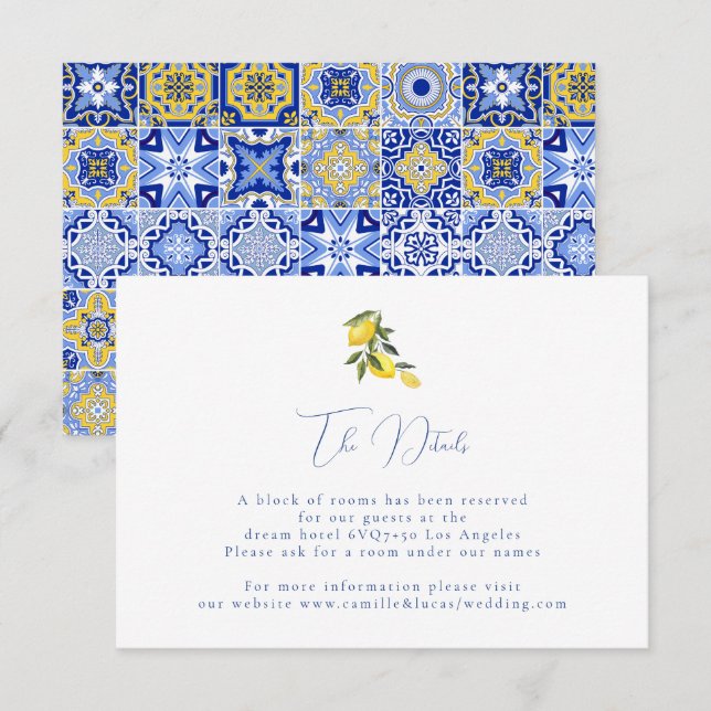 Blue mediterranean tile & citrus Wedding details  RSVP Card (Front/Back)