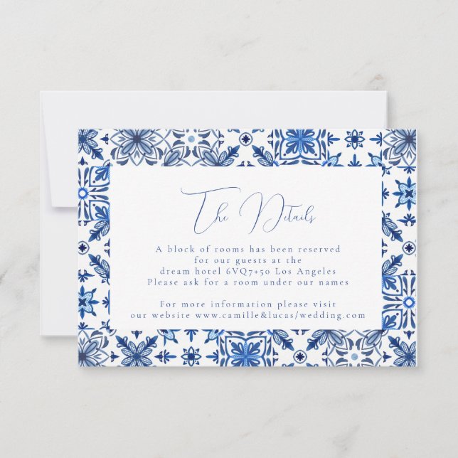 Blue mediterranean tile & citrus Wedding details  RSVP Card (Front)