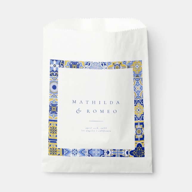 Blue Mediterranean Tile & Citrus Wedding Favour Ba Bag (Front)