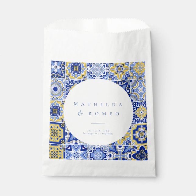 Blue Mediterranean Tile & Citrus Wedding Favour Ba Bag (Front)