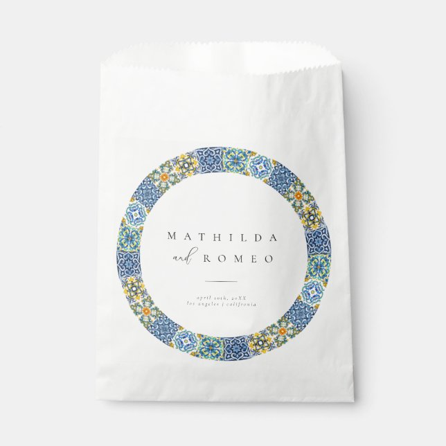 Blue Mediterranean Tile & Citrus Wedding Favour Ba Bag (Front)