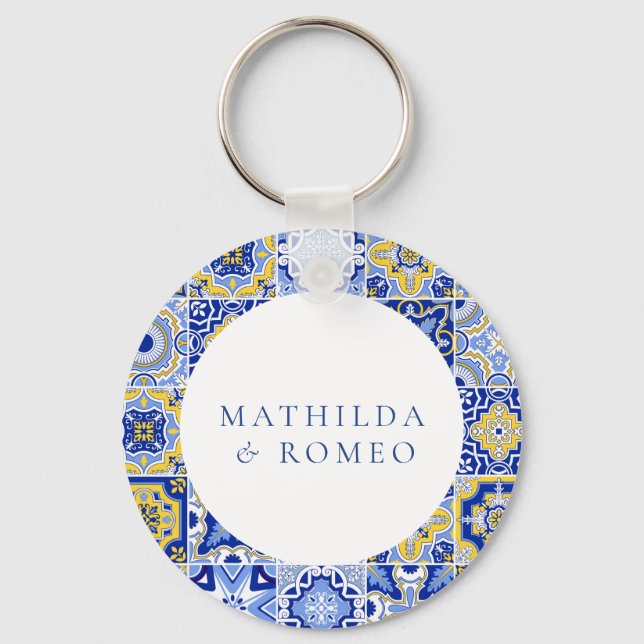Blue Mediterranean Tile & Citrus Wedding Key Ring (Front)