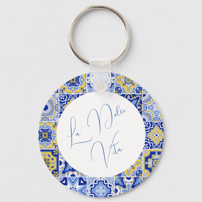 Blue Mediterranean Tile & Citrus Wedding Key Ring (Front)