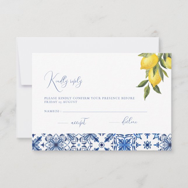 Blue Mediterranean Tile & Citrus Wedding RSVP card (Front)
