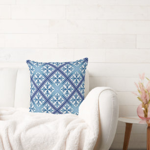 Blue Mediterranean Tile Geometric Diamond Blocks Cushion