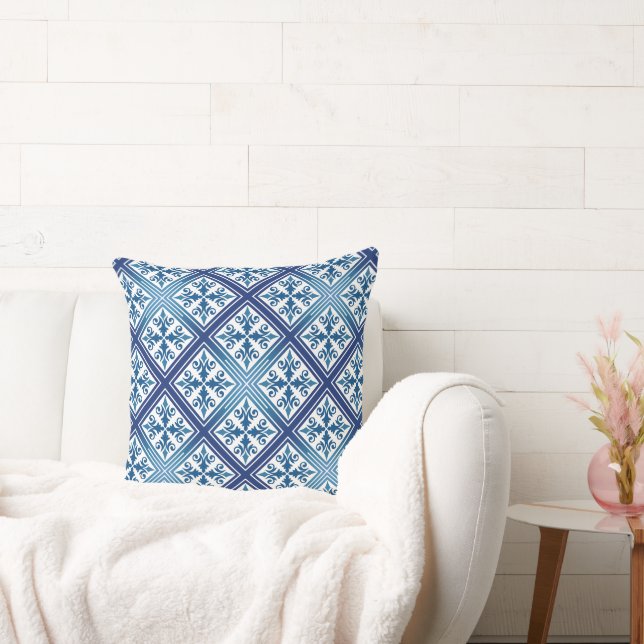 Blue Mediterranean Tile Geometric Diamond Blocks Cushion (Couch)