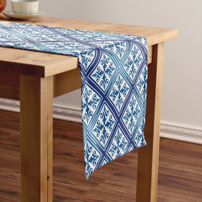 Blue Mediterranean Tile Geometric Diamond Blocks Short Table Runner (In Situ)