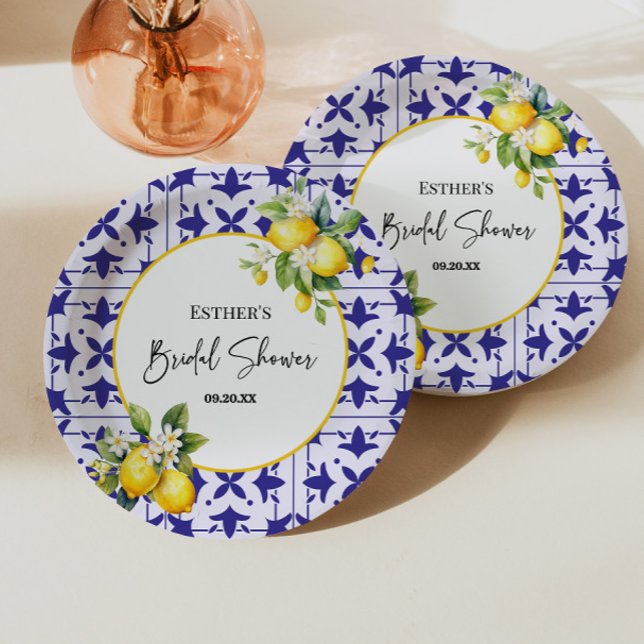 Blue Mediterranean Tile Lemon Bridal Shower  Paper Plate (Creator Uploaded)