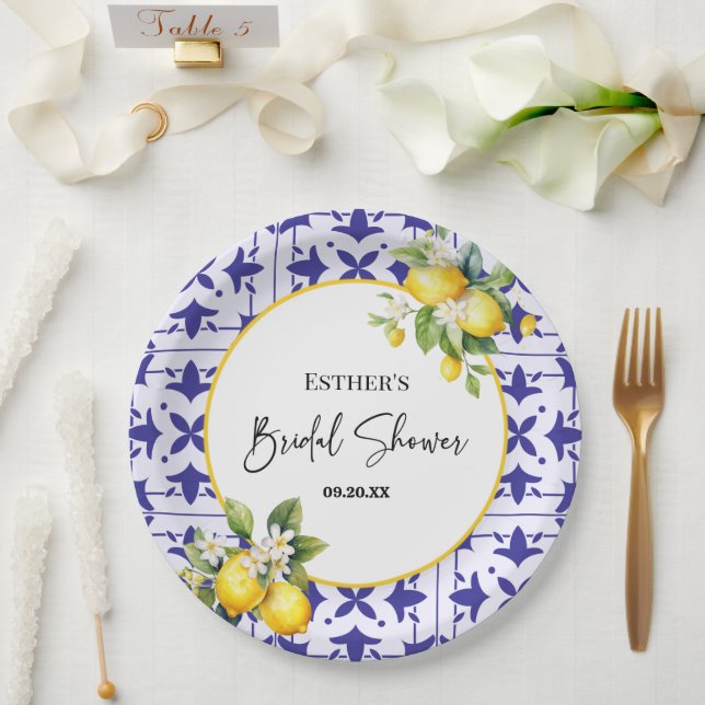 Blue Mediterranean Tile Lemon Bridal Shower  Paper Plate (Wedding)