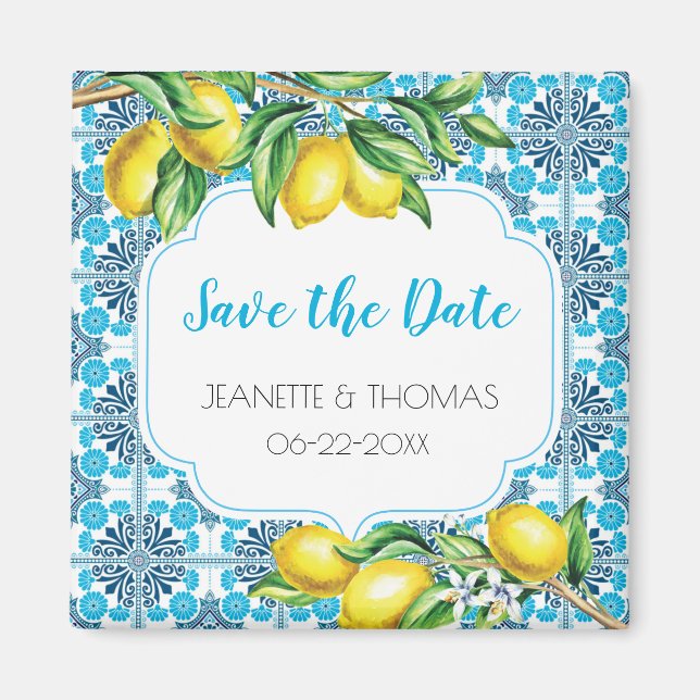 Blue Mediterranean Tile Lemon Save the Date Magnet (Front)