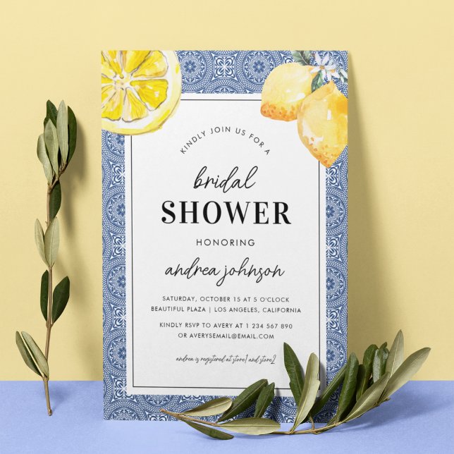 Blue Mediterranean Tile Lemon Simple Bridal Shower Invitation (Creator Uploaded)