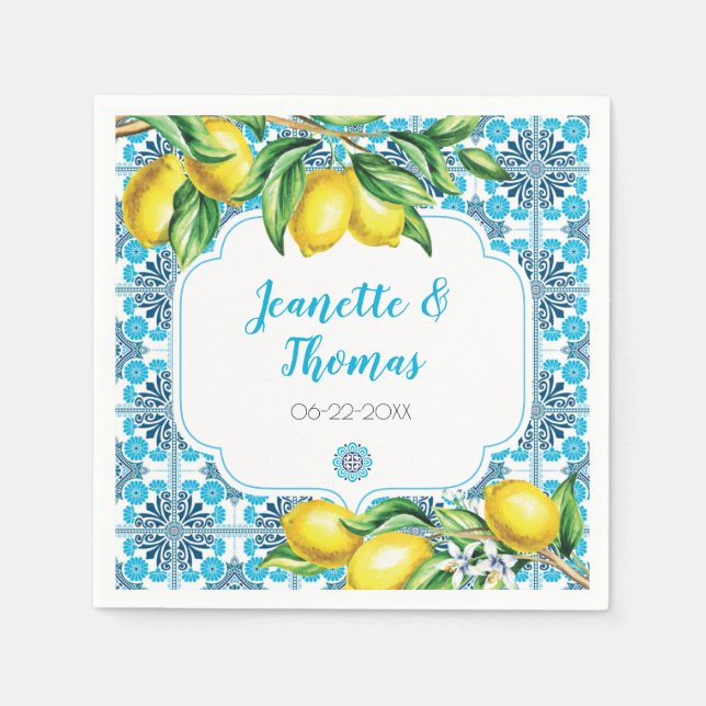 Blue Mediterranean Tile Lemon Special Occasion Napkin (Front)