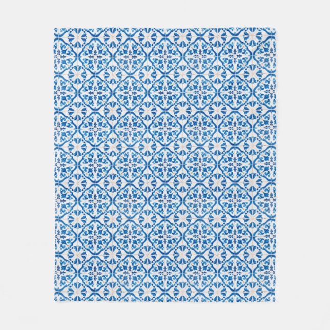 Blue Mediterranean Tile Pattern – Elegant Azulejo  Fleece Blanket (Front)