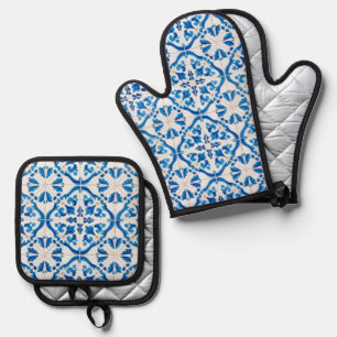 Blue Mediterranean Tile Pattern – Elegant Azulejo Oven Mitt & Pot Holder Set