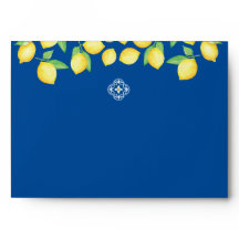 Blue Mediterranean Tile Watercolor Lemon Wedding