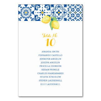 Blue Mediterranean Tile Yellow Lemons Wedding Table Number