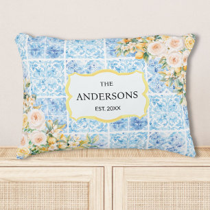 Blue Mediterranean Tiles Flower Lemon Family Name Decorative Cushion