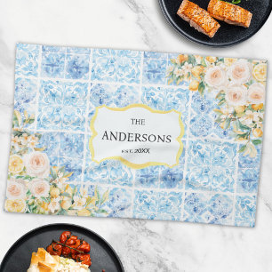 Blue Mediterranean Tiles Flower Lemon Family Name Tea Towel