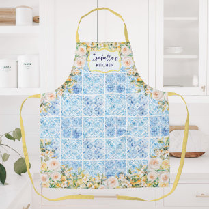 Blue Mediterranean Tiles Flower Lemon Personalized Apron