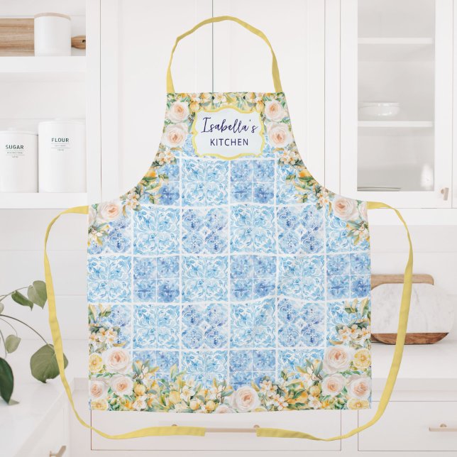 Blue Mediterranean Tiles Flower Lemon Personalized Apron (Creator Uploaded)