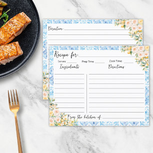 Blue Mediterranean Tiles Flowers Lemon Recipe Card