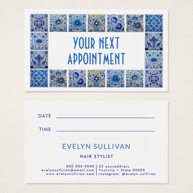 Blue mediterranean tiles frame appointment card (Front & Back)