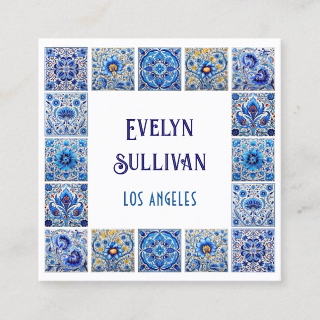 Blue mediterranean tiles frame business card (Front)