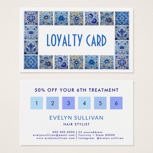 Blue mediterranean tiles frame loyalty card (Front & Back)