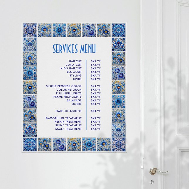 Blue Mediterranean Tiles Frame Price List Poster (Creator Uploaded)