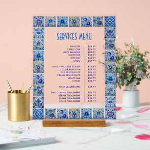 Blue Mediterranean Tiles Frame Services Menu Acrylic Sign