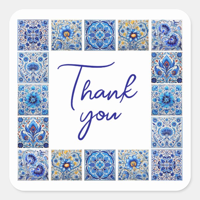 Blue mediterranean tiles frame thank you sticker (Front)