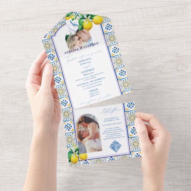 Blue Mediterranean Tiles Italy Crest Lemon Wedding All In One Invitation (Tearaway)