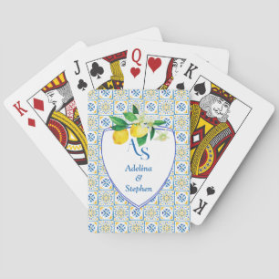 Blue Mediterranean Tiles Italy Crest Lemon Wedding Playing Cards