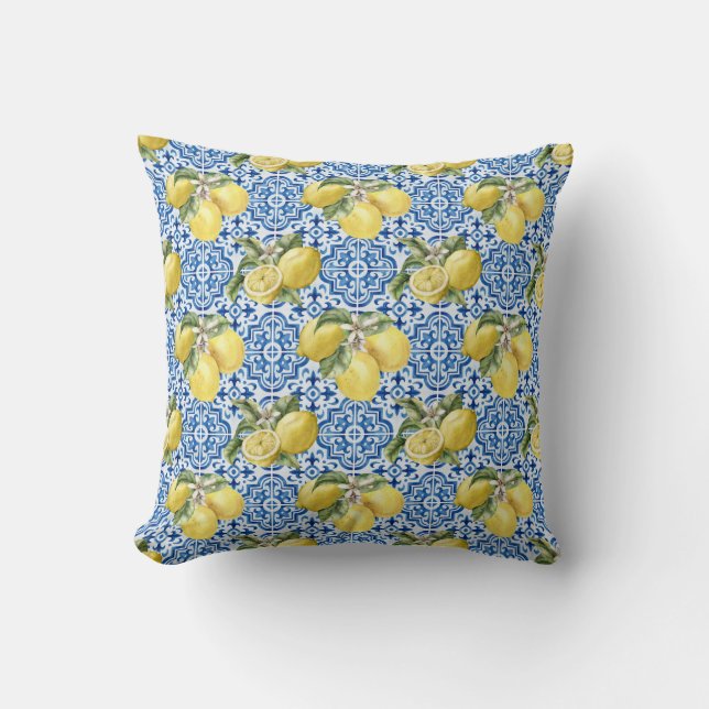 Blue Mediterranean Tiles Lemon Pattern Cushion (Front)